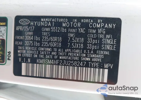 2018 Hyundai Santa Fe Se из США, поврежденный, VIN KM8SM4HF2JU258247